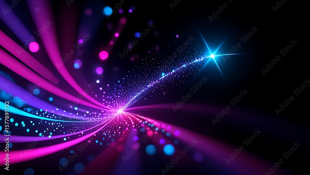 Fototapeta premium Futuristic Abstract Background with Vibrant Pink and Blue Light Streaks, Digital Art Glowing Neon Lines and Particle Trails Against Dark Backdrop