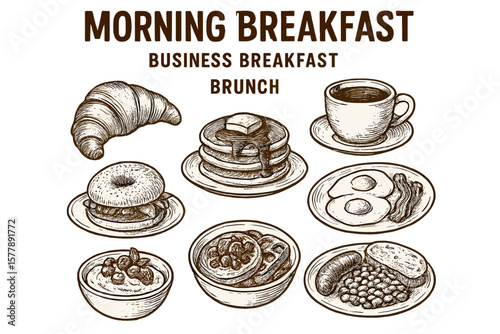 Delicious spread of breakfast items featuring croissants, pancakes, eggs, and coffee for a business brunch event