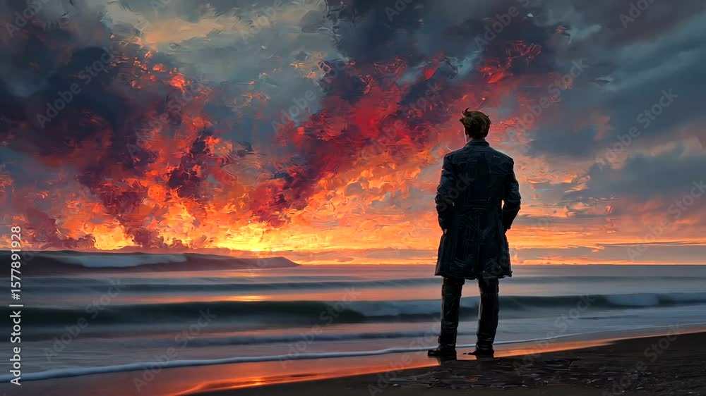 A contemplative figure silhouetted against a dramatic sunset over a tranquil ocean backdrop