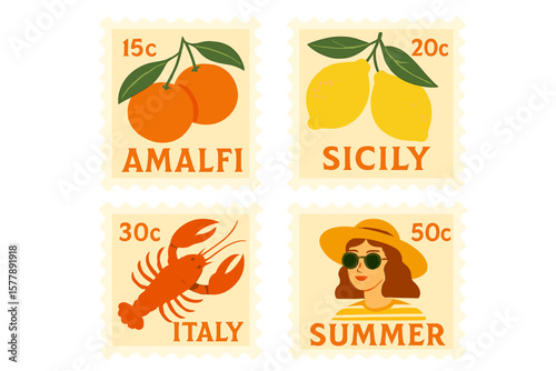 Postage stamps featuring Amalfi, Sicily, Italy summer vibes with oranges, lemons, lobsters, and a girl wearing sunglasses