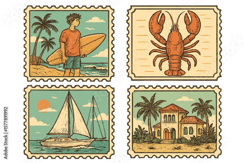 Vintage travel stamps illustrate coastal activities, seafood, and landscapes in a vibrant seaside setting