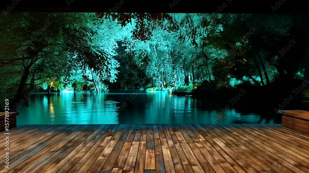 Serene Lakeside Retreat: Tranquil Scene with Wooden Deck and Reflective Water, Relaxing Nature