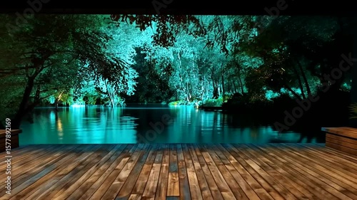 Serene Lakeside Retreat: Tranquil Scene with Wooden Deck and Reflective Water, Relaxing Nature