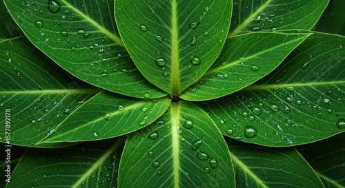 close-up of lush green leaves covered in sparkling dew drops. perfect natural background for eco, spa, or wellness projects. vibrant and fresh.