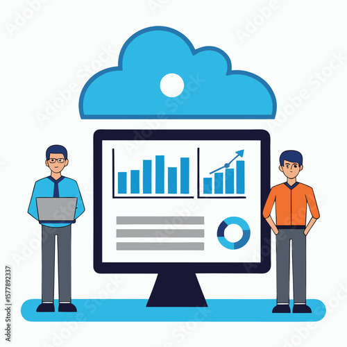 Business presentation with data charts and people vector