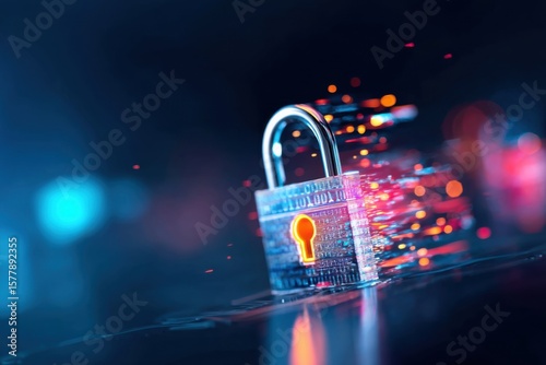 A glowing padlock with digital particle effects symbolizes cybersecurity and data protection in a high-tech environment.