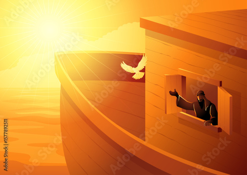 Biblical vector illustration of Noah releasing a dove from the Ark