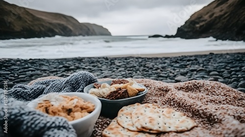 Cozy Beach Picnic Snacks Knit Blanket Ocean View