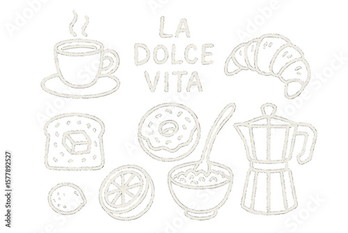 Breakfast items and drinks showcasing Italian culture with croissant, coffee, and pastries in a minimalistic design