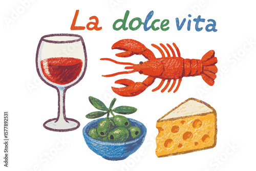 Delightful culinary illustrations capturing the essence of Italian cuisine with wine, seafood, cheese, and olives