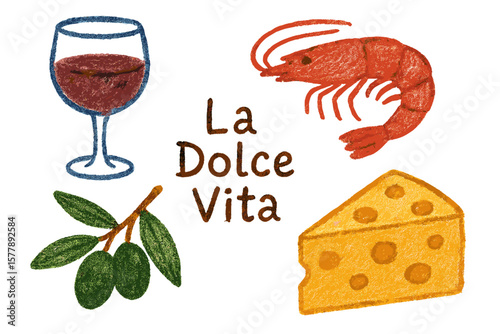 Celebrating la dolce vita with shrimp, wine, olives, and cheese in a vibrant culinary display