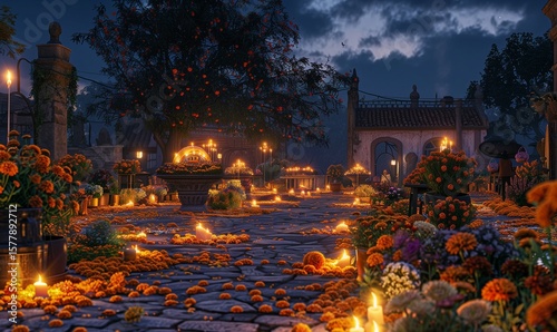 a town square filled with altars, traditional foods, and families honoring their ancestors