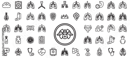 Collection of black and white medical icons, featuring various respiratory system elements and healthcare-related symbols.