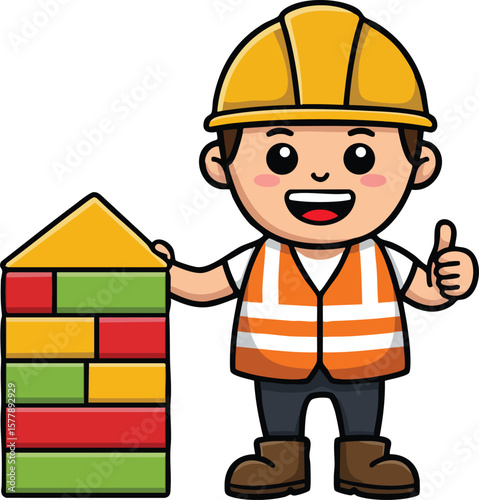 Construction worker wearing safety helmet and vest showing thumbs up with colorful brick wall vector illustration 