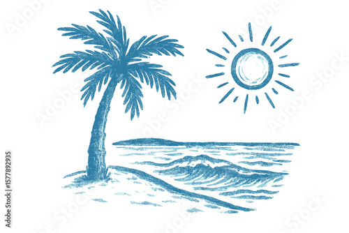 Relaxing beach scene with palm trees and waves under the sun at a tropical location