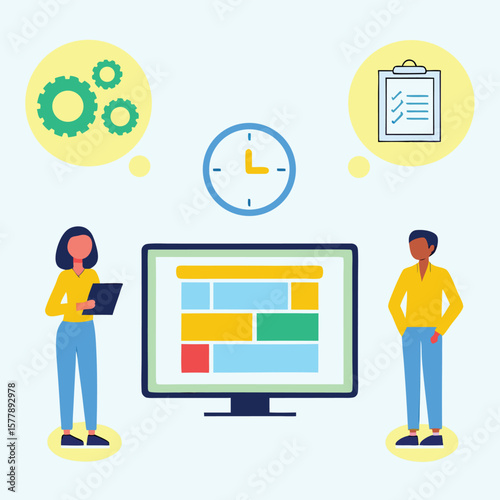 People analyzing data and tasks with clock business