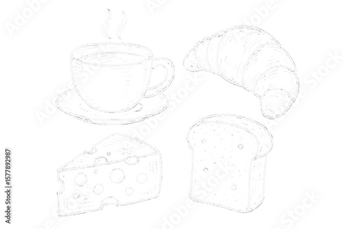 Morning breakfast items including coffee, croissant, cheese, and bread displayed on a white background