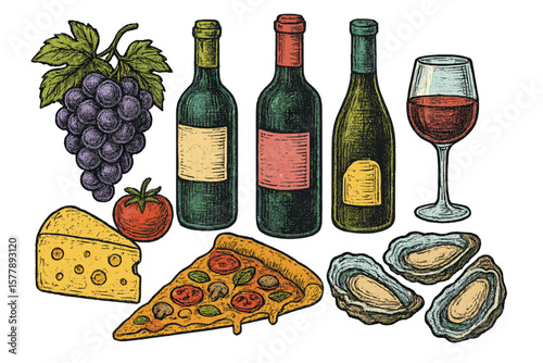 Delicious food and drink arrangement featuring cheese, pizza, wine, and oysters set against a simple background