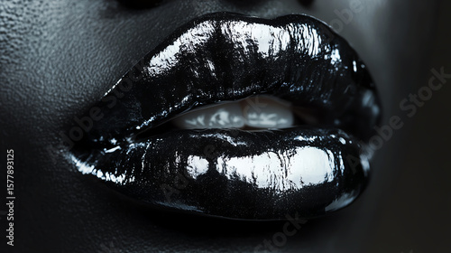 Extreme closeup of lips with melting chrome lipstick, bold avantgarde fashion concept
