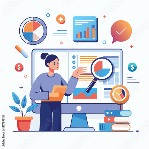 Person analyzing data with charts and graphs flat illustration
