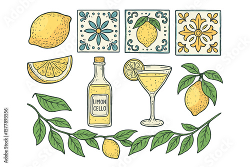 Colorful hand-drawn illustrations of lemons, limoncello, and decorative tiles in a bright, vibrant style capturing Italian flavors