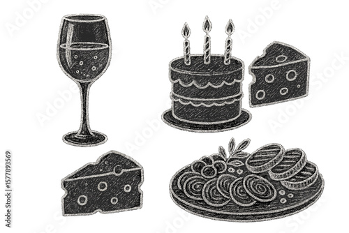Delicious dessert and appetizer spread with cheese, cake, wine, and snacks perfect for a celebration or gathering