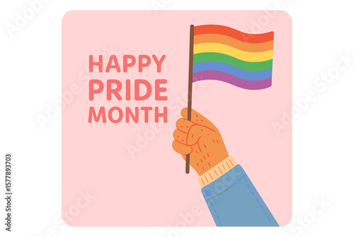 Celebrating pride month with a rainbow flag held aloft in a festive and colorful display of support