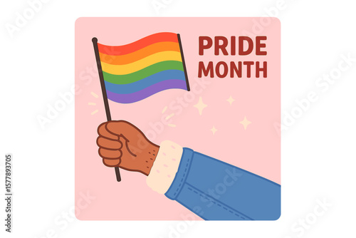 Hand holding a rainbow flag celebrating Pride Month with vibrant colors and a joyful background