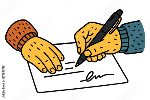 Hands signing a document with a pen during a formal agreement in a casual setting