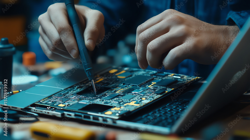 Naklejka premium Technician removing laptop casing with precision tool, only hands and tools visible