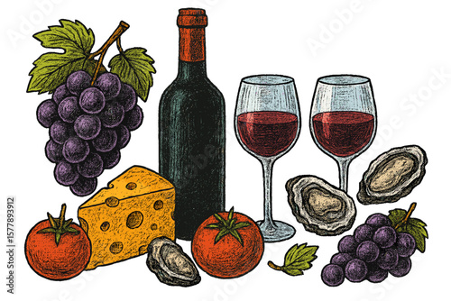 Fresh grapes, cheese, tomatoes, wine, and oysters create a perfect culinary spread for gatherings