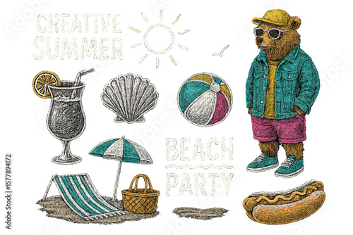 Fun bear character dressed for summer beach party with beach items and sun symbols