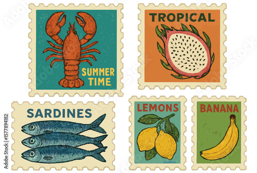 Artistic collection of summer-themed stamps showcasing tropical fruits and seafood
