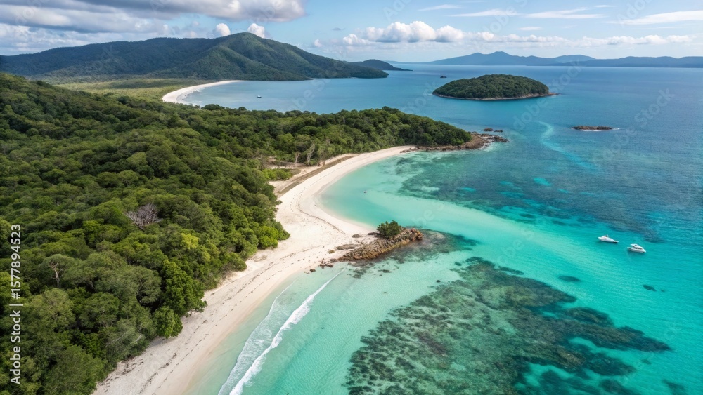 Aerial View of Tropical Beach with Colorful Umbrellas and Palm Trees Aerial View of Tropical Beach with Colorful Umbrellas and Palm Trees