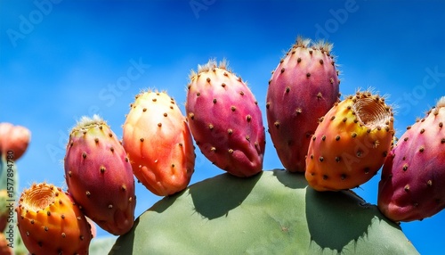 opuntia cactus featuring ripe prickly pears against a blue sky