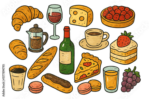 Delicious assortment of pastries, drinks, and desserts on a white background perfect for a culinary gathering