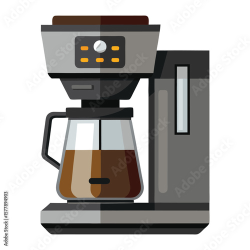 Stainless steel espresso maker brewing hot coffee in an isolated white kitchen