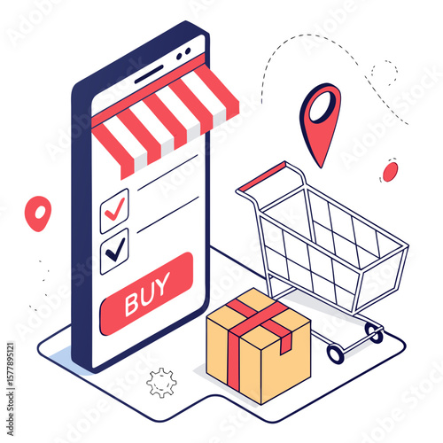Isometric E-Commerce and Online Shopping Vector – Smartphone App with Buy Button, Shopping Cart, Delivery Box, and Location Pins – Flat Modern Illustration for Delivery and Mobile Retail

