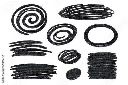 Abstract black line patterns created with pencil on a white background showcasing various shapes and textures in a minimalist style