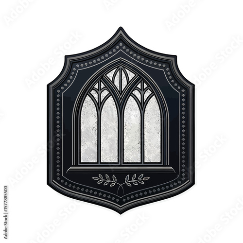 Dark gothic arch window badge with silver trim emblem