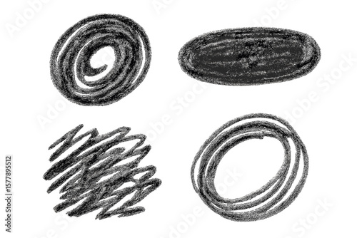 Abstract black chalk sketches of different shapes and lines created on a blank background during an art session