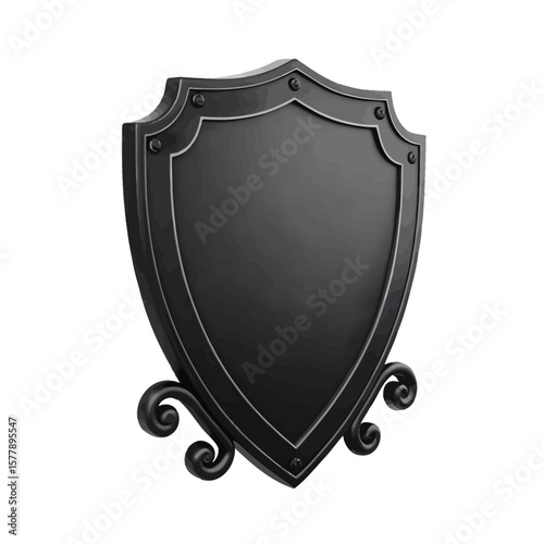 Black ornate shield plaque with decorative scrollwork