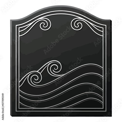 Black decorative plaque with silver wave and scroll design