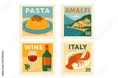 Beautiful collection of Italian-themed stamps featuring pasta, wine, and the Amalfi Coast with a stunning coastal view