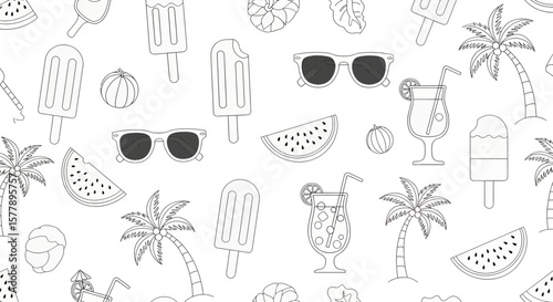 Summer themed line art pattern with palm trees popsicles drinks and sunglasses.