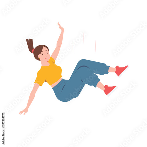 Woman falling midair with joyful energetic pose and surprised expression isolated on transparent background