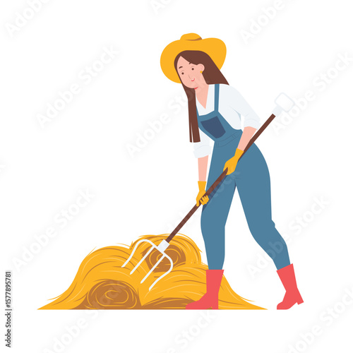 Female farmer working at barn with pitchfork rake making dried hay rolled stacks straw isolated on transparent background