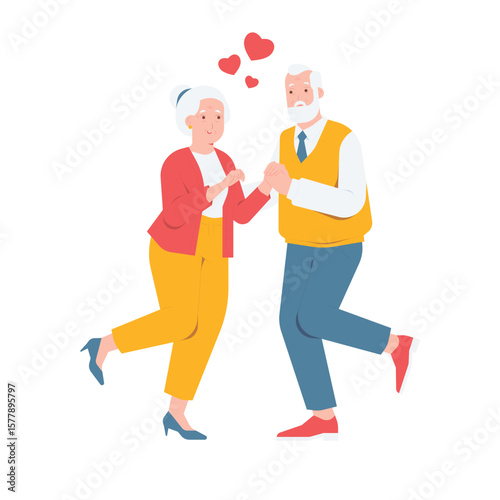 Happy elderly senior couple holding hands and dancing in love isolated on transparent background