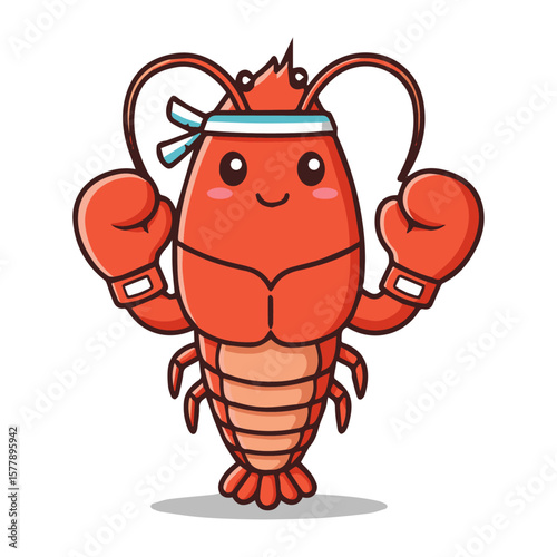 A Strong and Determined Cartoon Lobster Mascot Dressed as a Boxer, Wearing Boxing Gloves and a Headband, Ready for a Powerful Match in the Ring