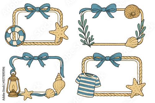 Decorative nautical-themed frames featuring shells, stars, and ribbons designed for creative projects or invitations